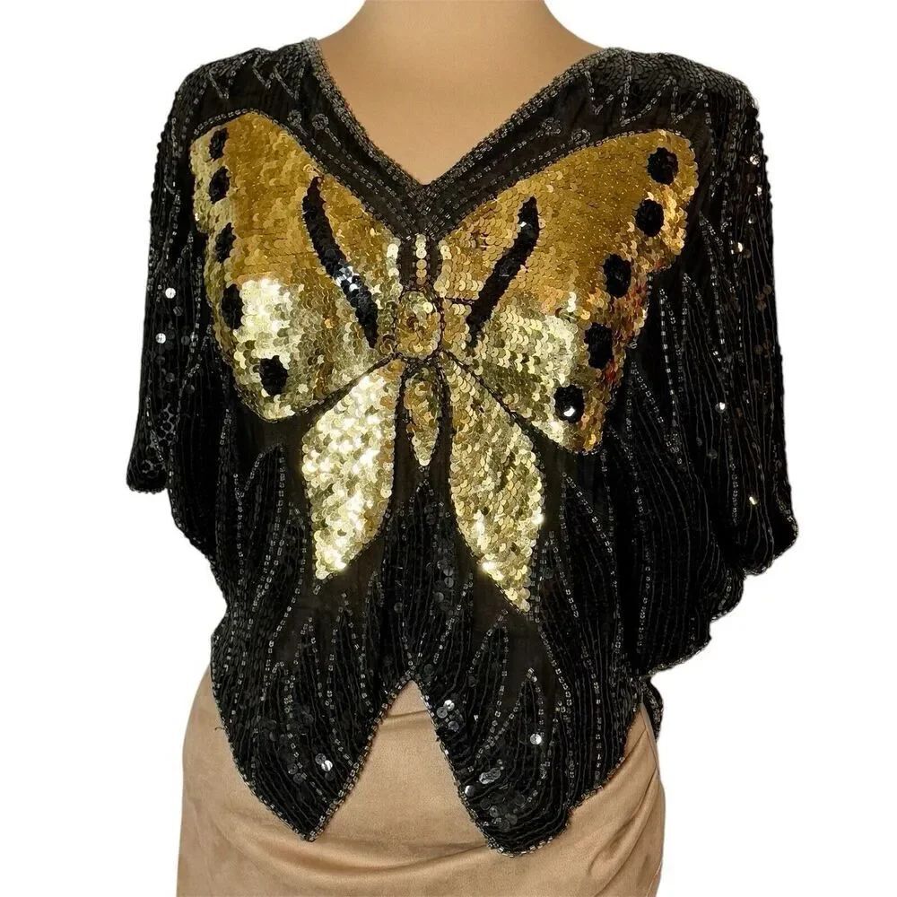 Jewel Queen NY London Women's Vintage Sweet Sequin Butterfly Topper Blouse Art
